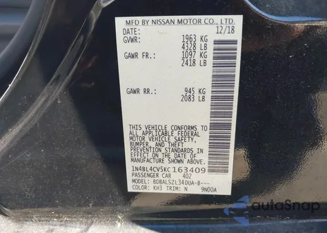 2019 Nissan Altima 2.5 Sr from USA, damaged, VIN 1N4BL4CV5KC163409